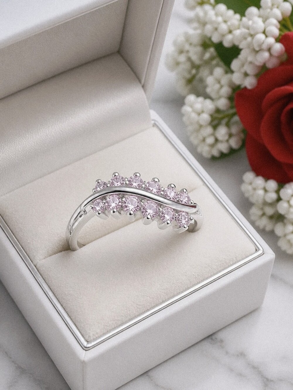 925 Sterling Silver Curve Pink CZ Ring New